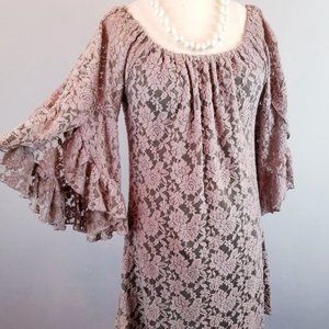 Elon Women's Size Medium Chocolate Brown Stretch Lace Dress w/ Flared Sleeves